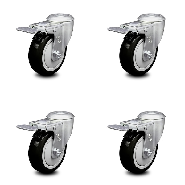 4 Inch Black Polyurethane Swivel Bolt Hole Caster Set with Total Lock Brake SCC